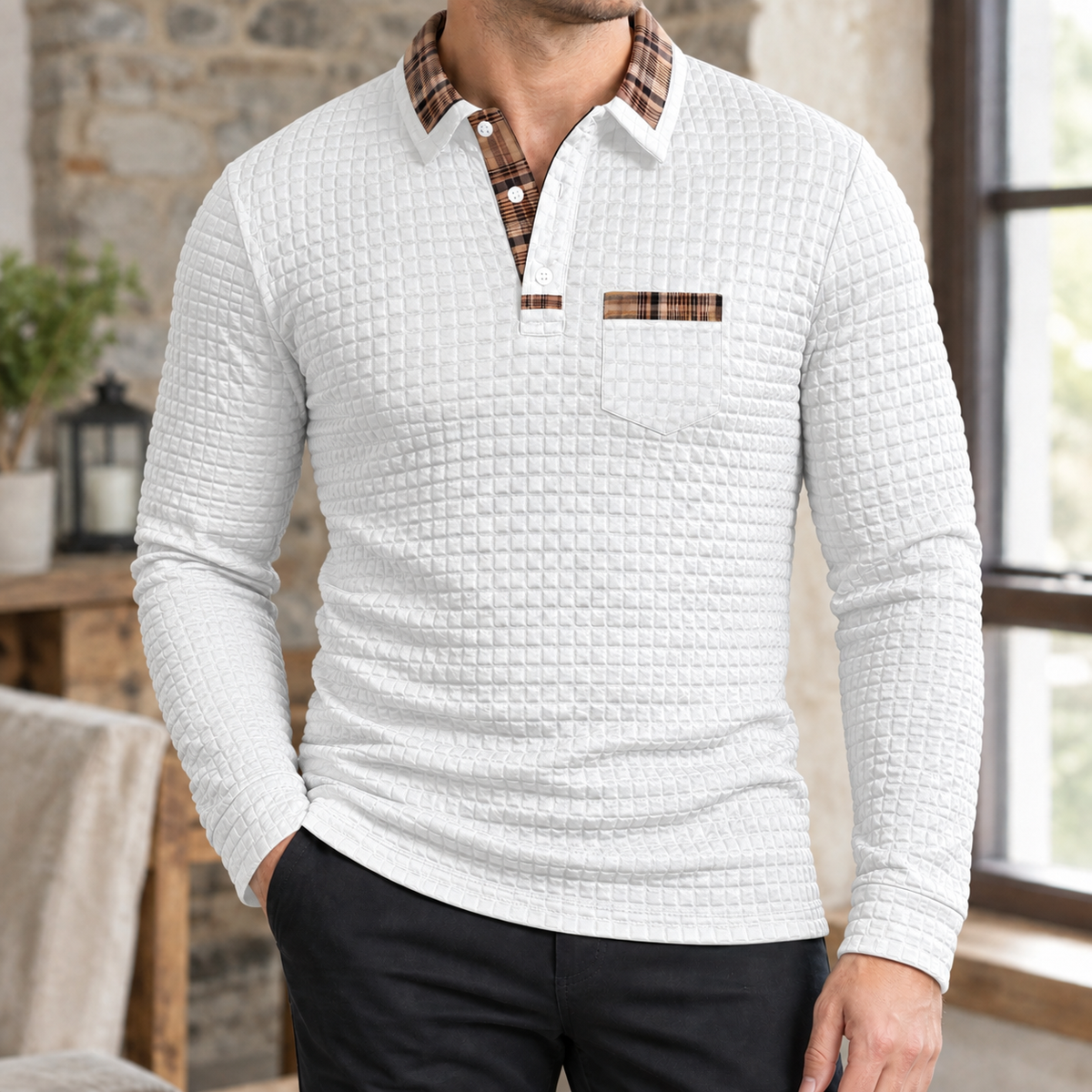 Herren Slim Fit Langarm-Poloshirt Freizeit kariert