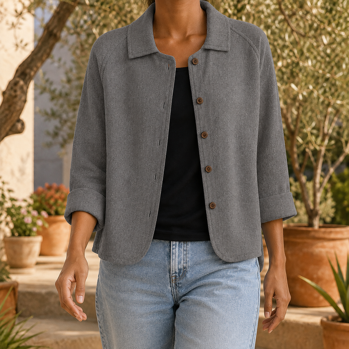 Damen Kragenpullover Relaxed Fit mit Dreiviertelärmeln und Knopfleiste