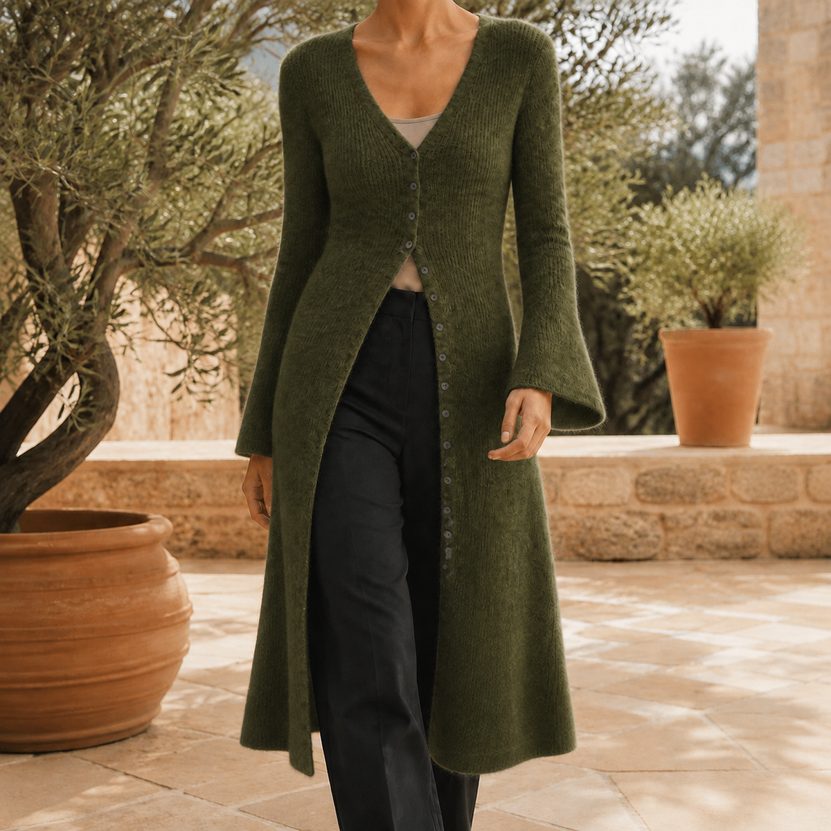 Damen Pullover Slim Fit mit V-Ausschnitt und Knopfleiste