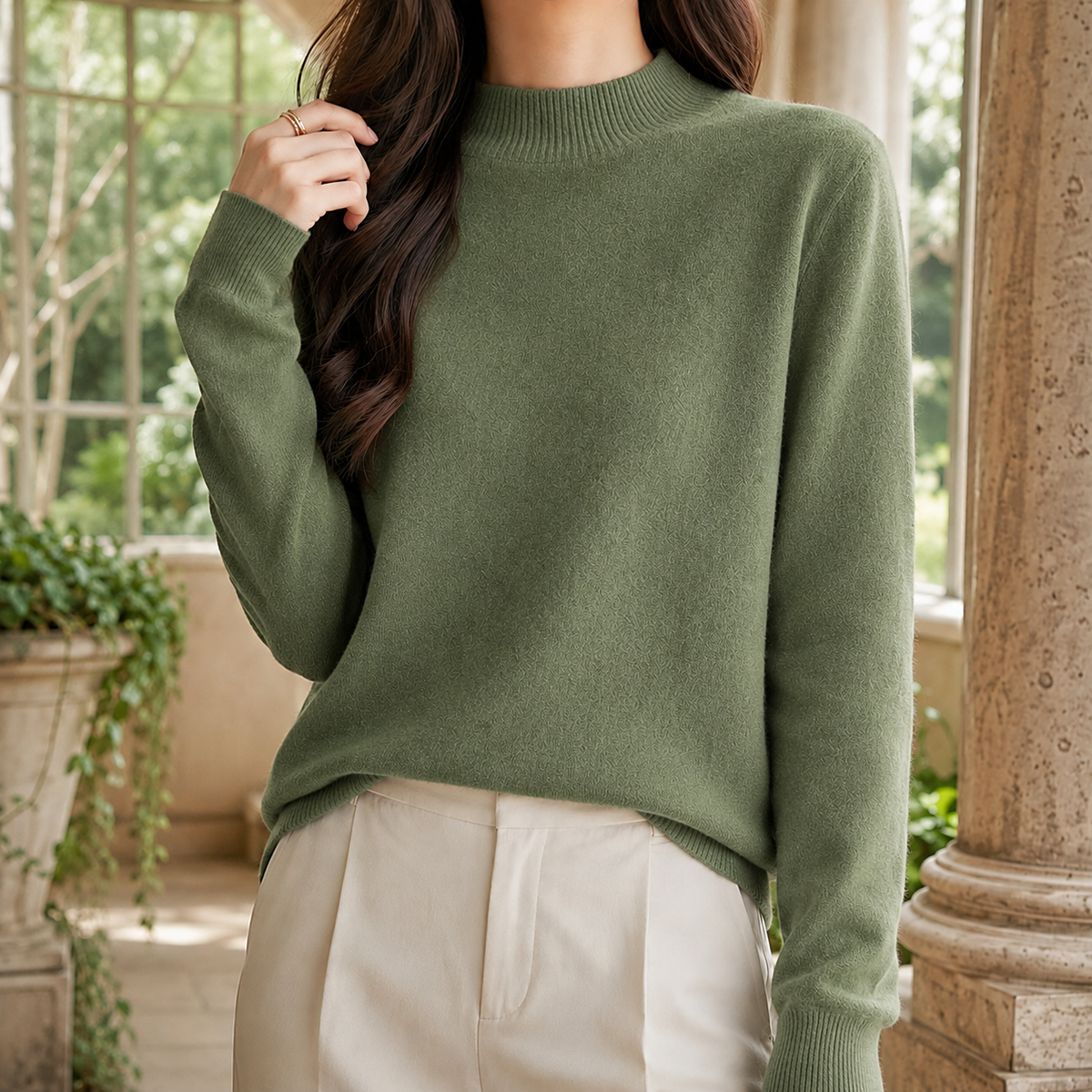Damen Stehkragenpullover Relaxed Fit mit geripptem Kragen