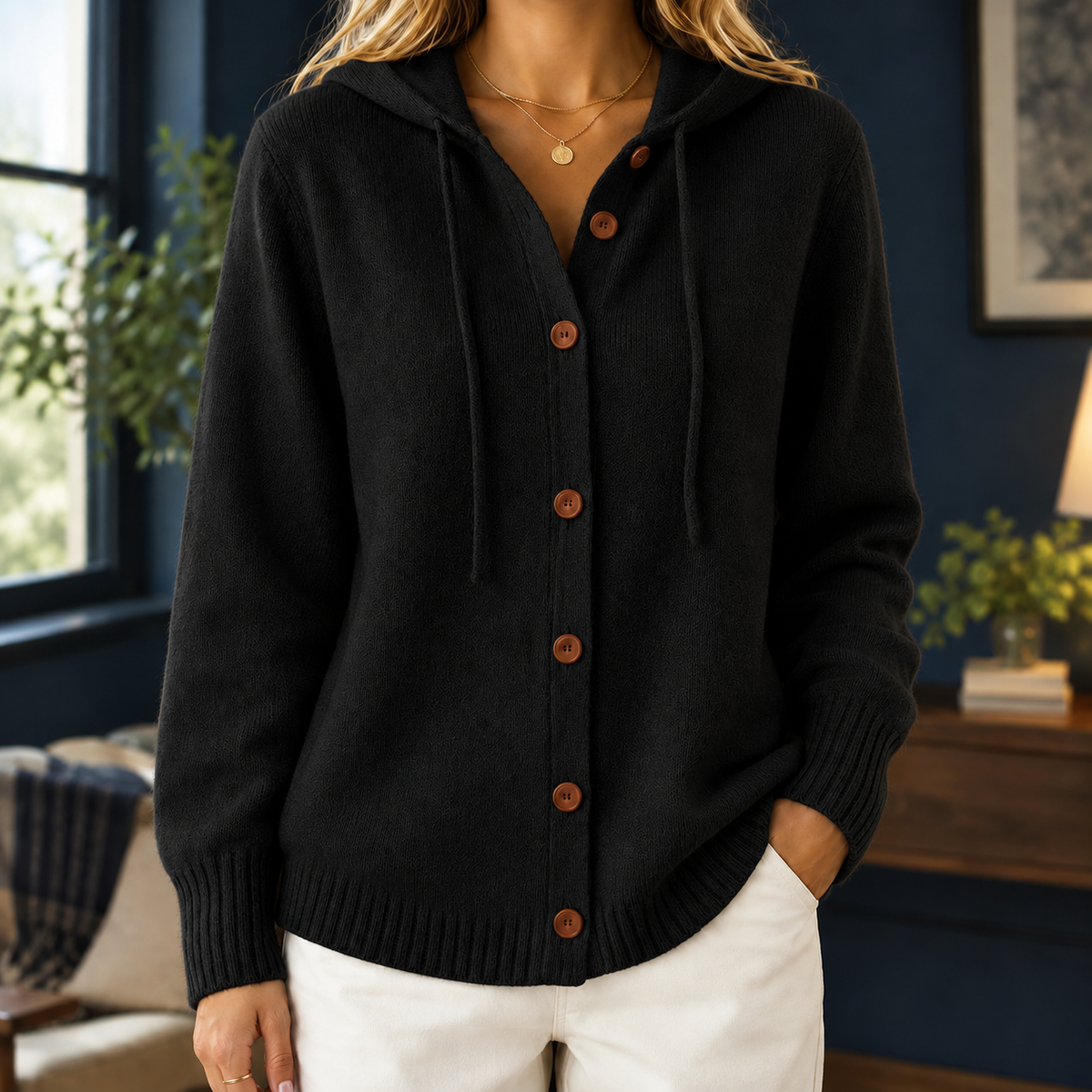 Damen Kapuzen-Cardigan Relaxed Fit mit Knopfverschluss