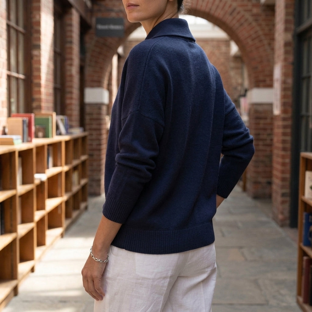 Damen Schalkragenpullover Relaxed Fit mit Halbknopfleiste