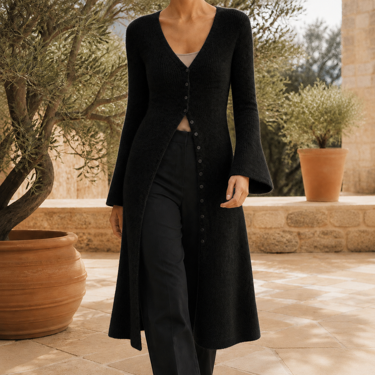 Damen Pullover Slim Fit mit V-Ausschnitt und Knopfleiste
