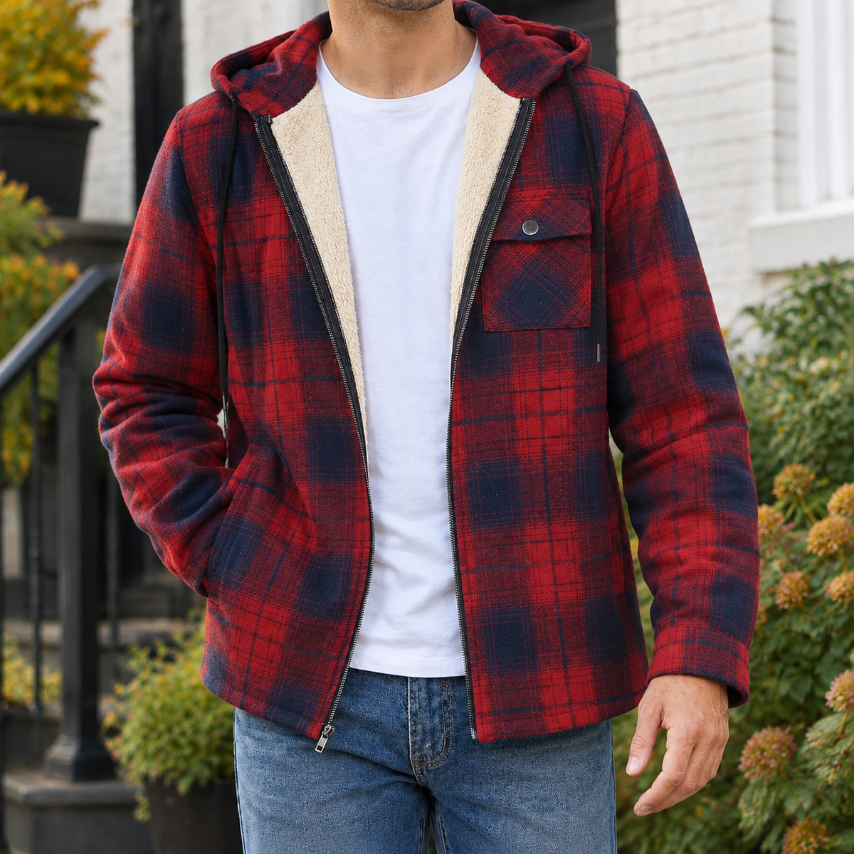 Herren Karojacke Regular Fit Freizeit mit Kapuze und Reißverschluss