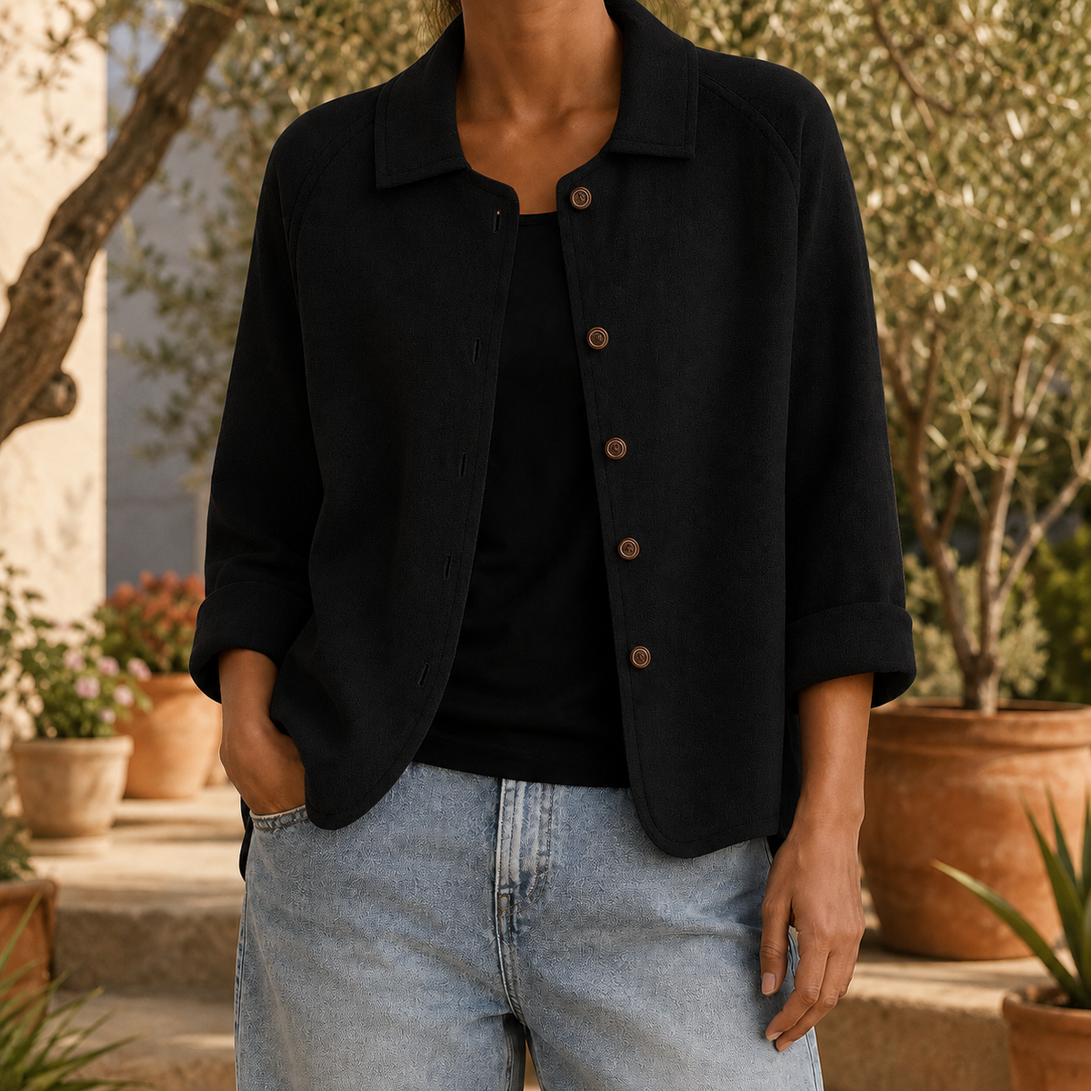 Damen Kragenpullover Relaxed Fit mit Dreiviertelärmeln und Knopfleiste