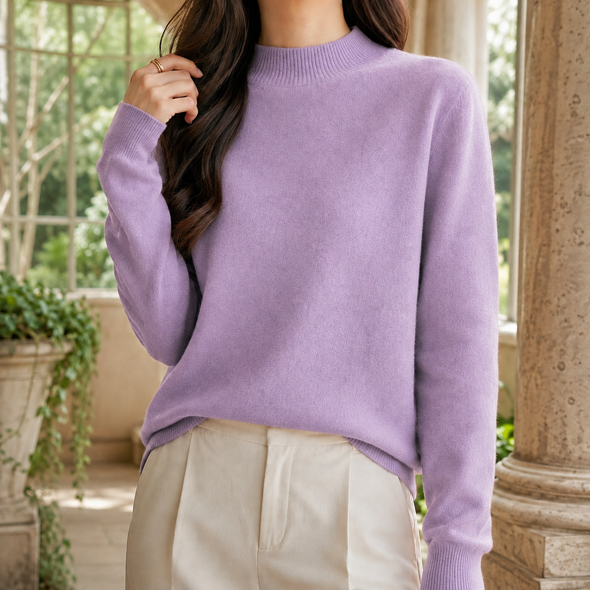 Damen Stehkragenpullover Relaxed Fit mit geripptem Kragen