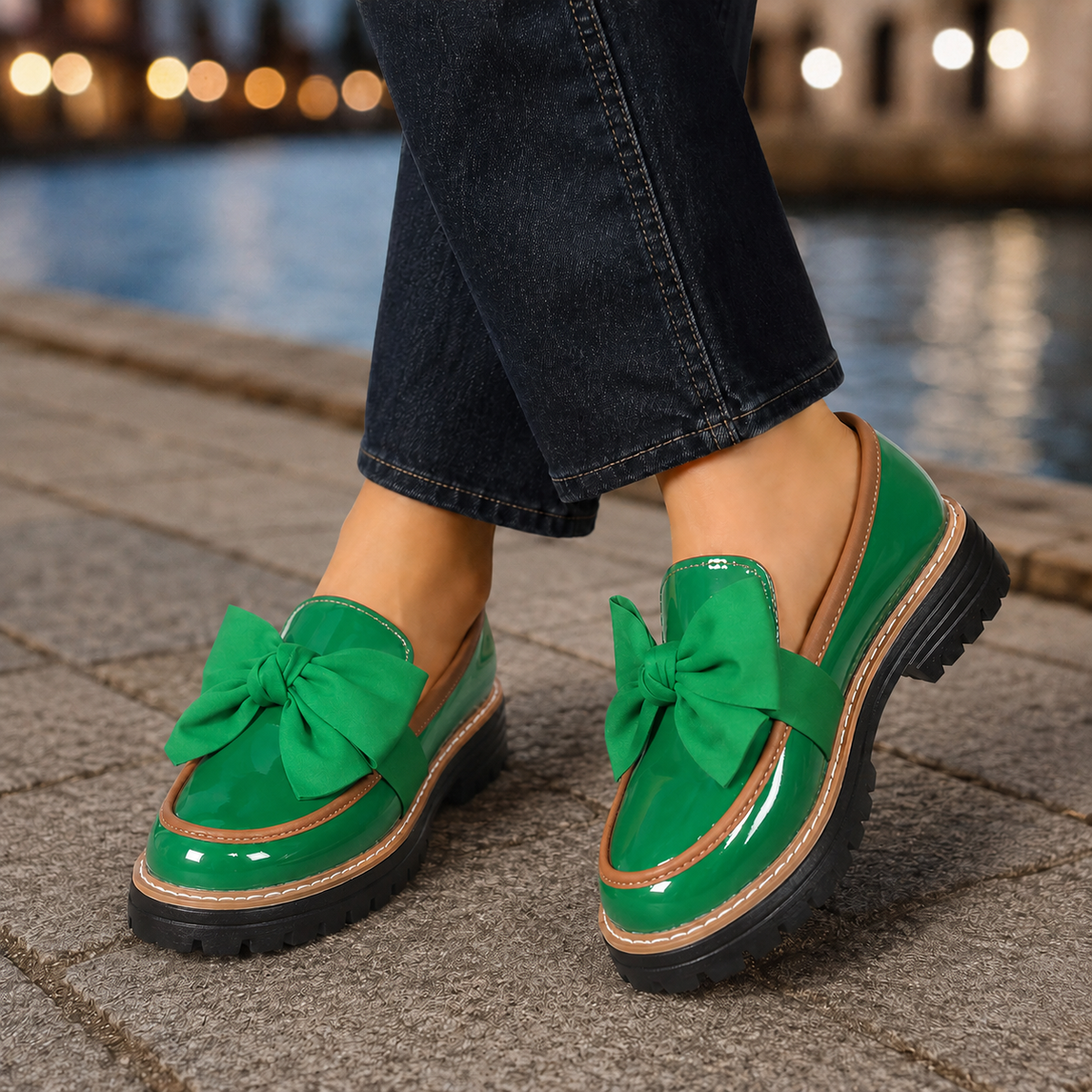 Damen Loafers mit übergroßer Schleife und Profilsohle