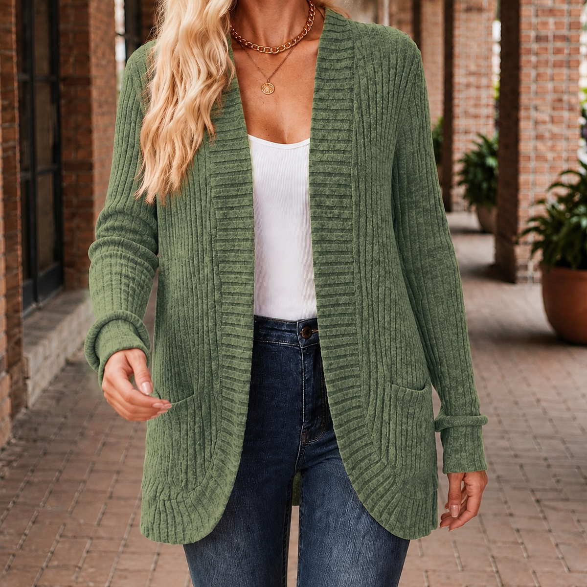 Damen Rippstrick-Cardigan Relaxed Fit mit offener Front und Taschen