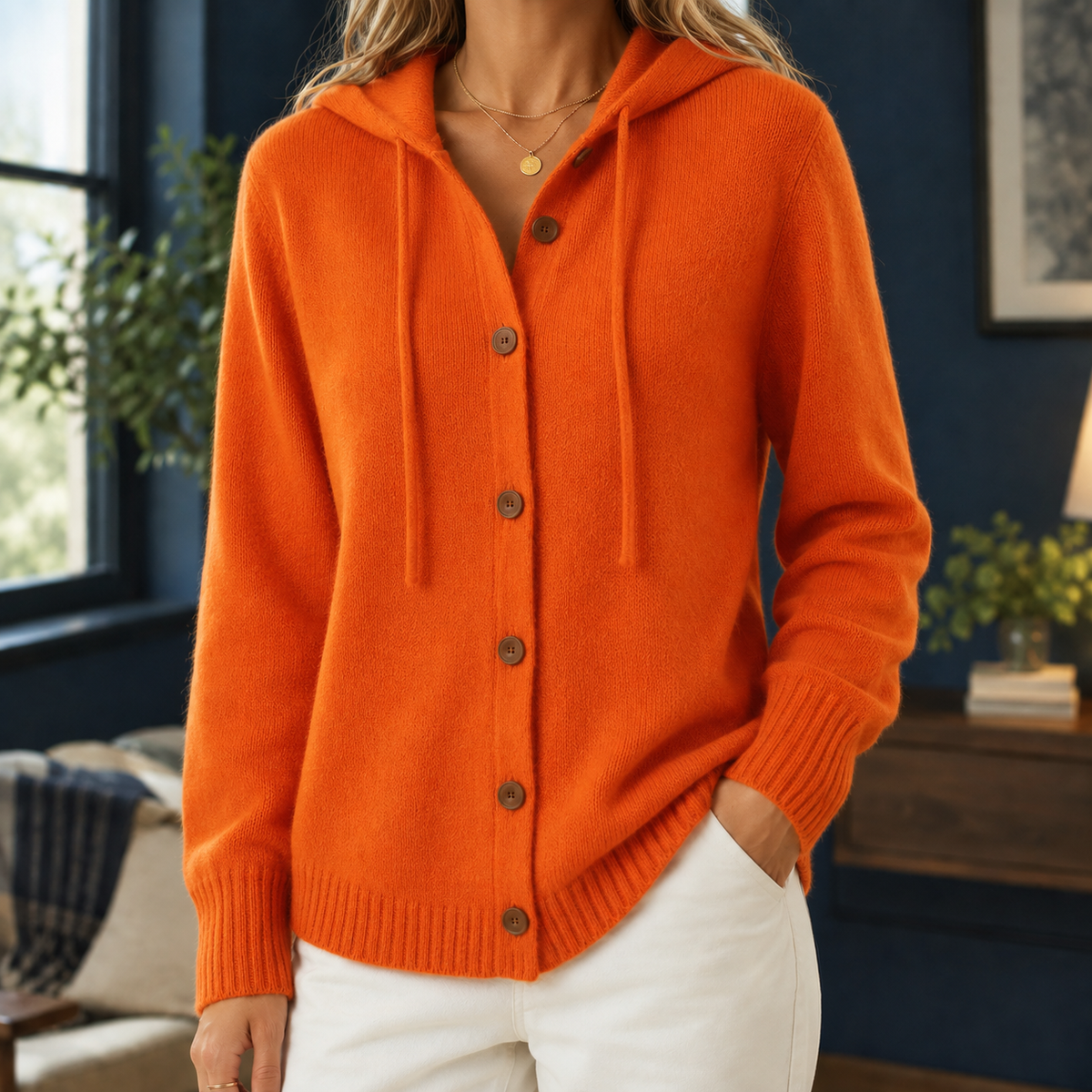 Damen Kapuzen-Cardigan Relaxed Fit mit Knopfverschluss