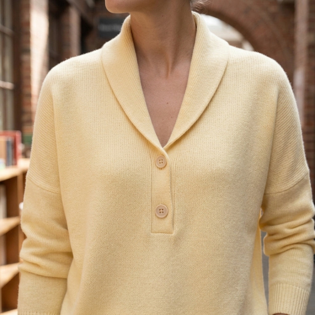 Damen Schalkragenpullover Relaxed Fit mit Halbknopfleiste