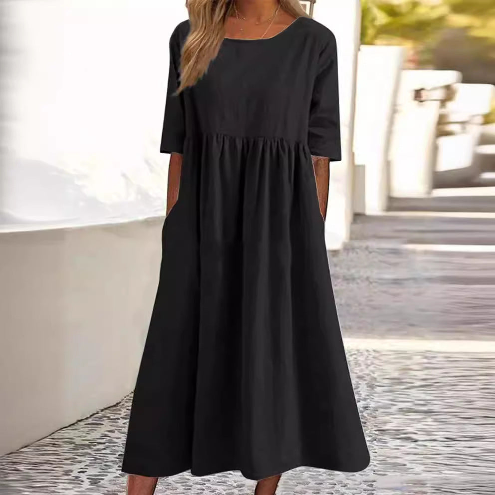 Binnie | Elegantes Damen Midikleid in Unifarbe mit Rundhalsausschnitt & Halbarm | Lockerer Schnitt für Alltag & Anlass