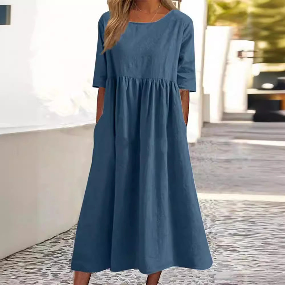 Binnie | Elegantes Damen Midikleid in Unifarbe mit Rundhalsausschnitt & Halbarm | Lockerer Schnitt für Alltag & Anlass