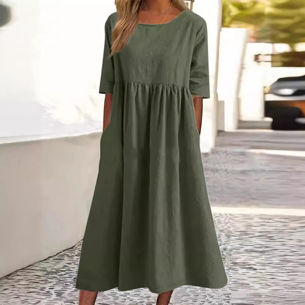 Binnie | Elegantes Damen Midikleid in Unifarbe mit Rundhalsausschnitt & Halbarm | Lockerer Schnitt für Alltag & Anlass