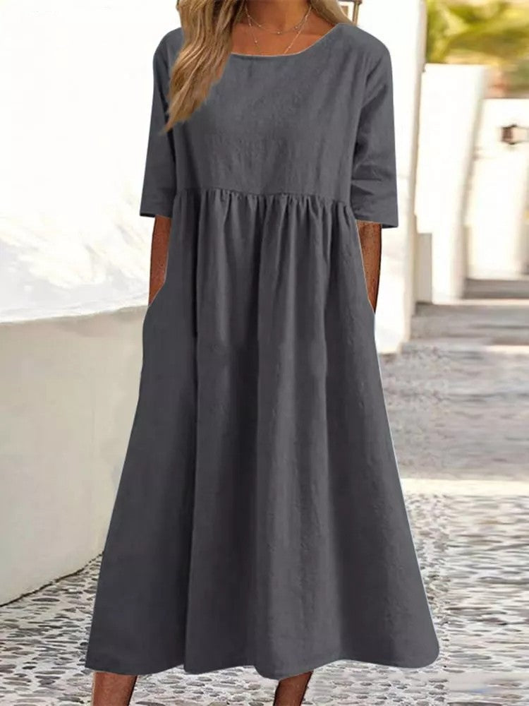 Binnie | Elegantes Damen Midikleid in Unifarbe mit Rundhalsausschnitt & Halbarm | Lockerer Schnitt für Alltag & Anlass