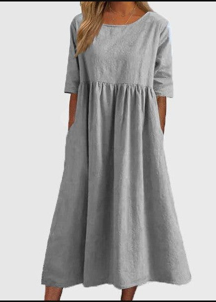 Binnie | Elegantes Damen Midikleid in Unifarbe mit Rundhalsausschnitt & Halbarm | Lockerer Schnitt für Alltag & Anlass