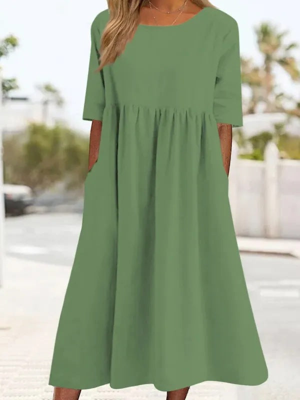 Binnie | Elegantes Damen Midikleid in Unifarbe mit Rundhalsausschnitt & Halbarm | Lockerer Schnitt für Alltag & Anlass
