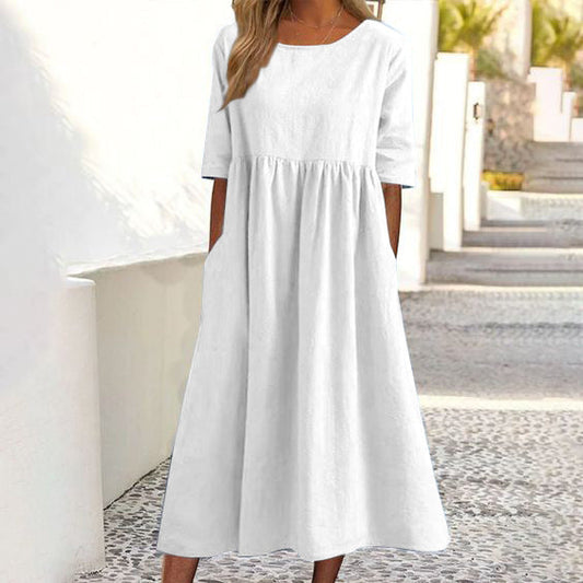 Binnie | Elegantes Damen Midikleid in Unifarbe mit Rundhalsausschnitt & Halbarm | Lockerer Schnitt für Alltag & Anlass