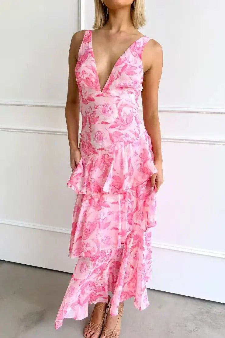 Cany | Rückenfreies Maxikleid mit Blumenmuster, V-Ausschnitt & Stufenrock für elegante Sommerlooks