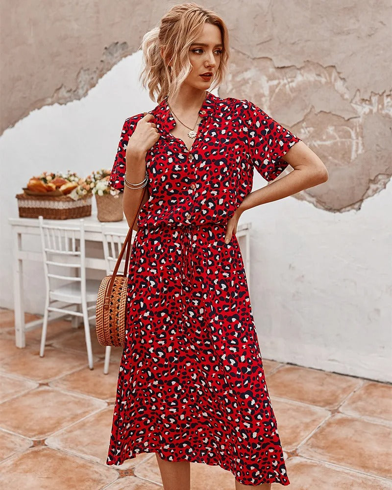 Mirrie | Sommerliches V-Ausschnitt-Midikleid mit verstellbarer Taille und kurzen Ärmeln | Bequemer Alltagsstil für Damen