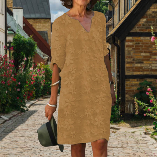 Labelle | V‑Neck Kleid mit Blumenmuster – Halbarm, Gerade Form & Elegant für Büro oder Freizeit