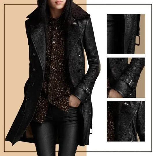 Damen Ledermantel Slim Fit Casual Winter Elegant