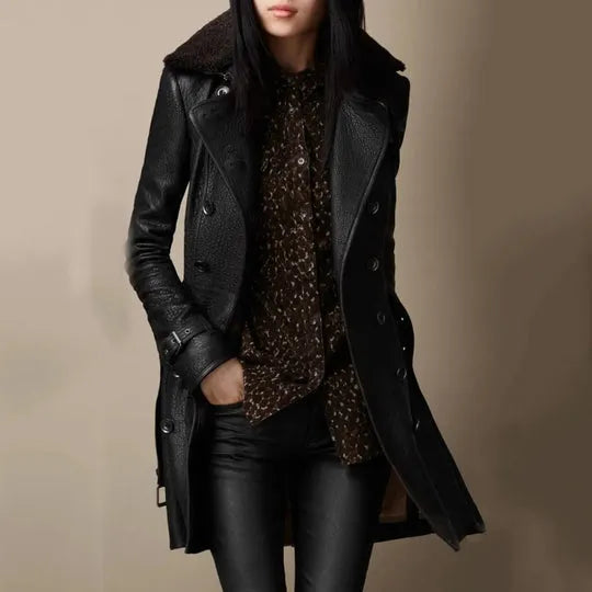 Damen Ledermantel Slim Fit Casual Winter Elegant