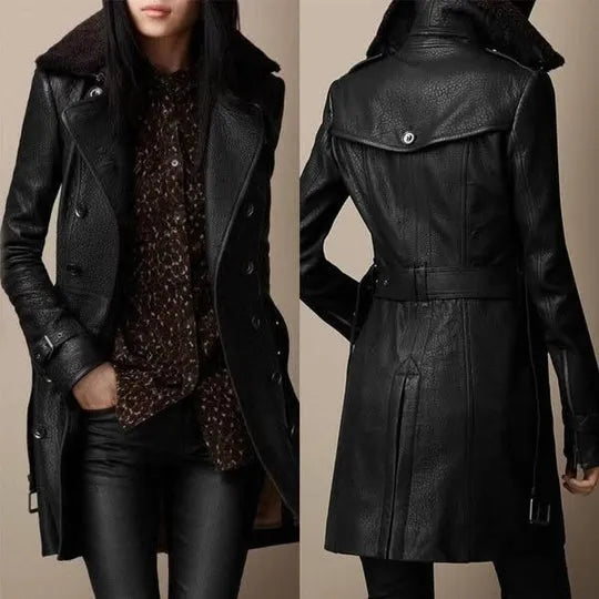 Damen Ledermantel Slim Fit Casual Winter Elegant