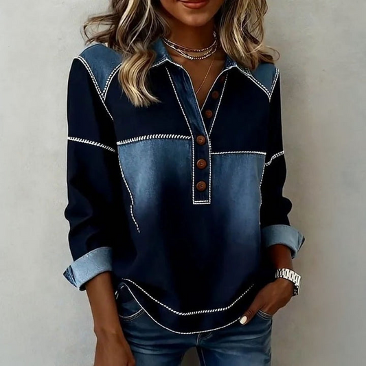 Damen Jeansbluse Vintage Zweifarbig Regular Fit Casual