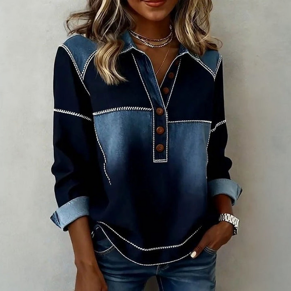 Damen Jeansbluse Vintage Zweifarbig Regular Fit Casual