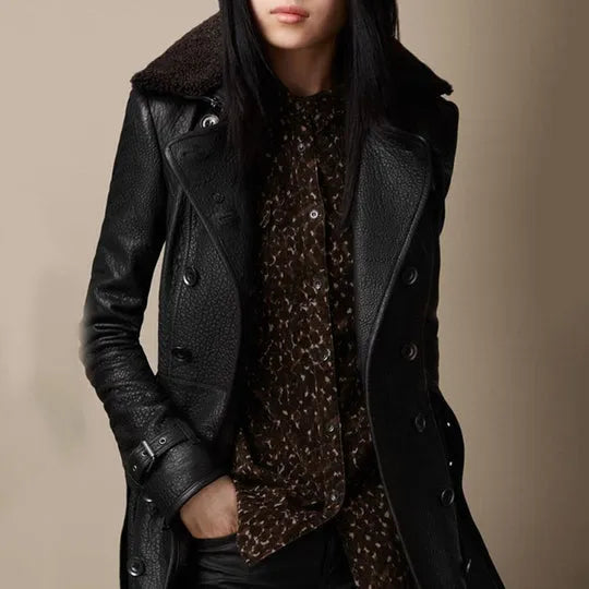 Damen Ledermantel Slim Fit Casual Winter Elegant