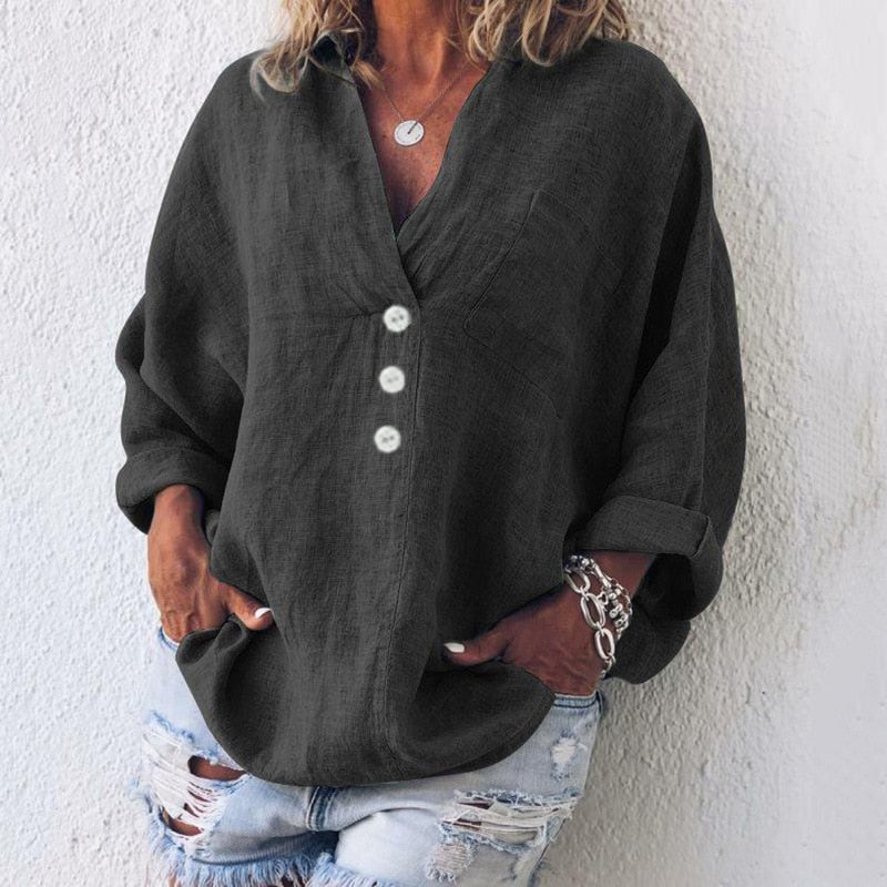 Luftige Damen Leinenbluse mit Knopfleiste und V-Ausschnitt – Elodie