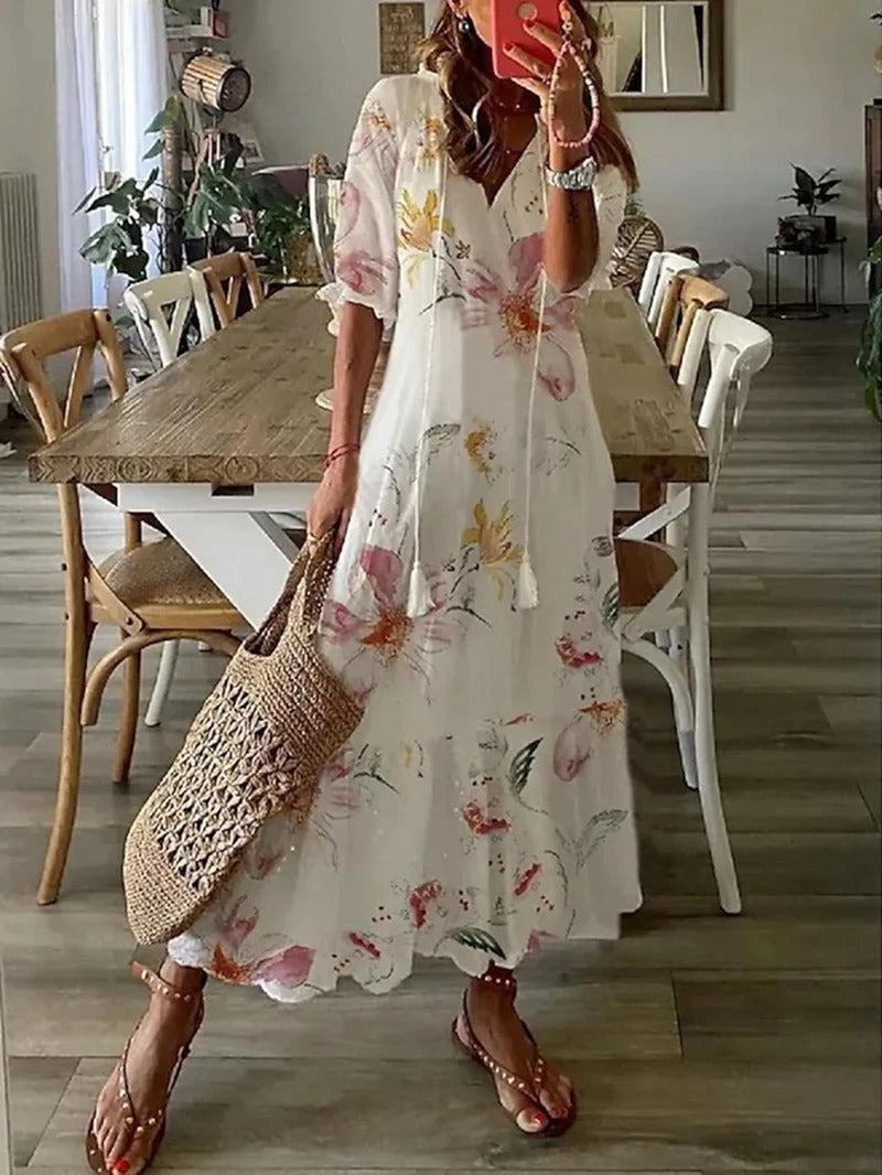 Katrina | Boho Print V‑Ausschnitt Sommer‑Maxikleid – Elegant & Luftig