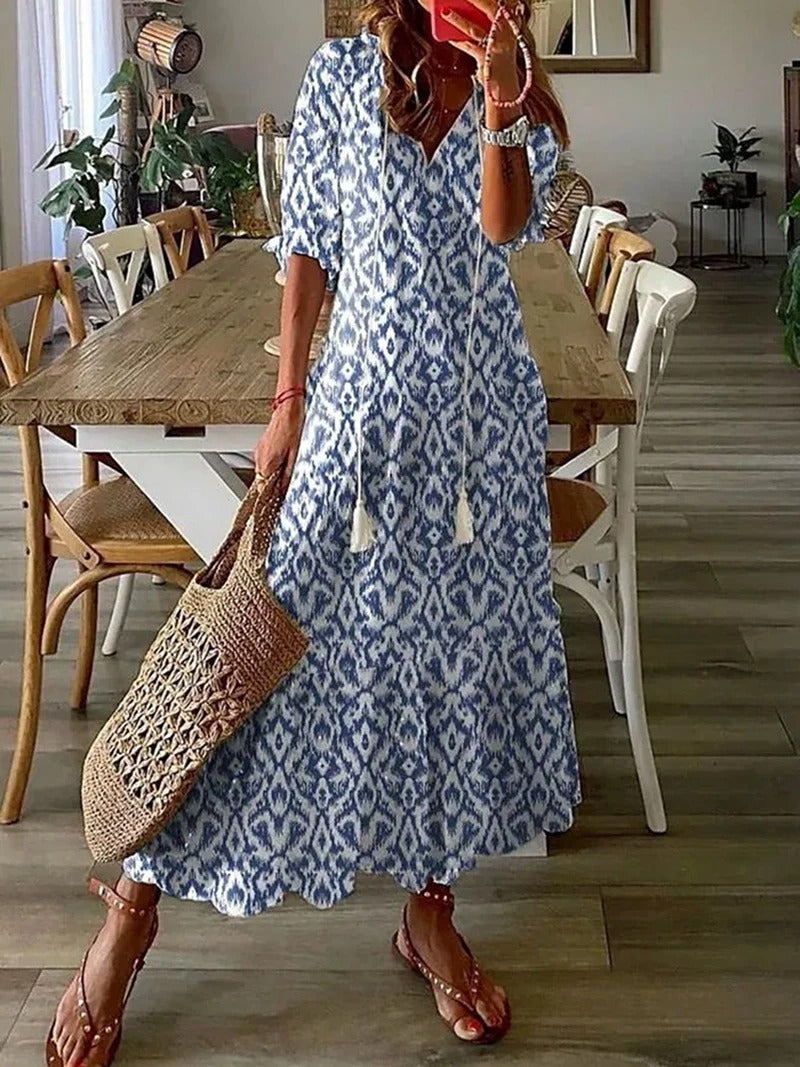 Katrina | Boho Print V‑Ausschnitt Sommer‑Maxikleid – Elegant & Luftig