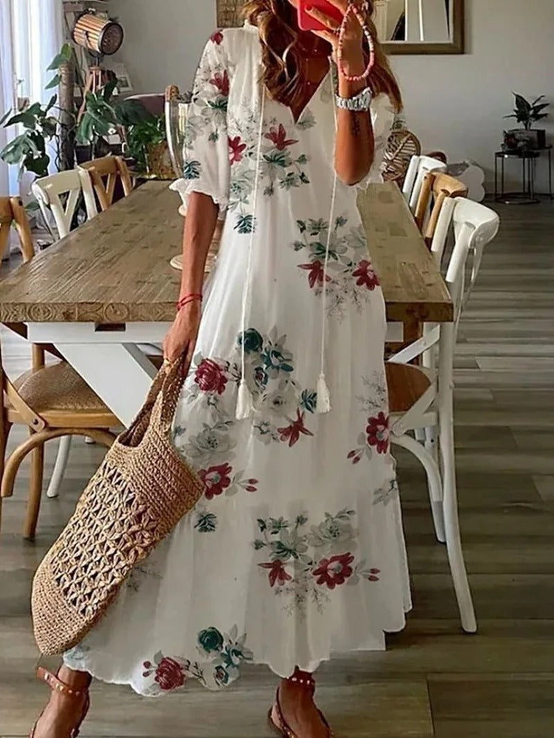Katrina | Boho Print V‑Ausschnitt Sommer‑Maxikleid – Elegant & Luftig