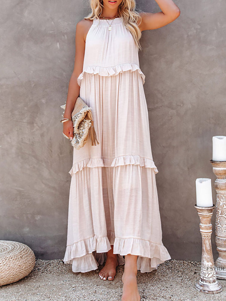 Diana | Damen Maxikleid – Neckholder mit Stufenrüschen, Einfarbig & Elegant