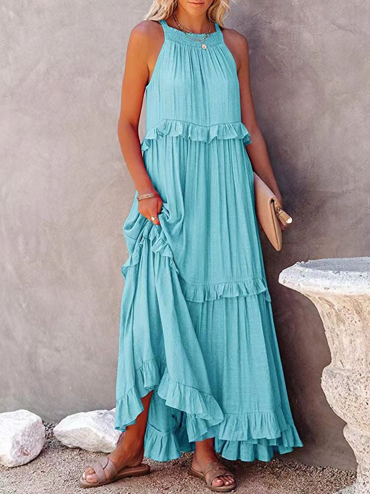 Diana | Damen Maxikleid – Neckholder mit Stufenrüschen, Einfarbig & Elegant