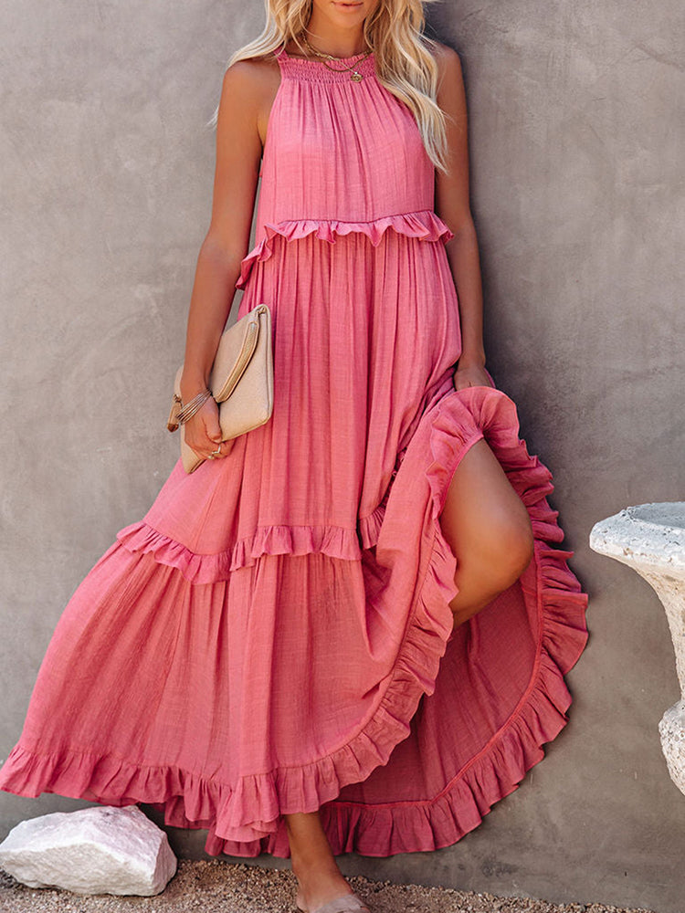 Diana | Damen Maxikleid – Neckholder mit Stufenrüschen, Einfarbig & Elegant