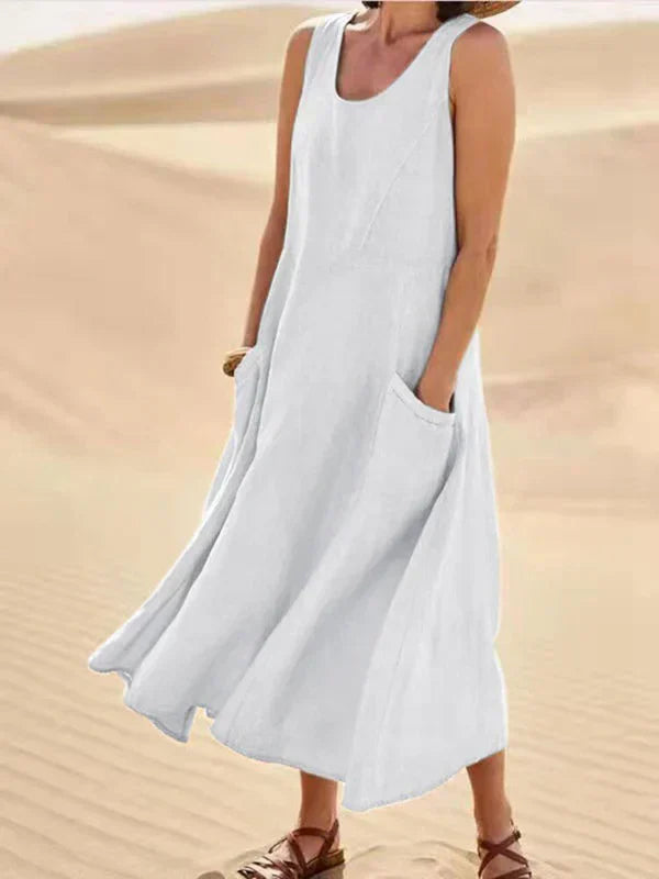 Mira | Soft Linen Maxikleid mit Taschen | Luftiges ärmelloses Sommerkleid aus Leinen für Damen