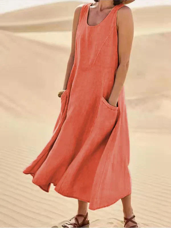 Mira | Soft Linen Maxikleid mit Taschen | Luftiges ärmelloses Sommerkleid aus Leinen für Damen