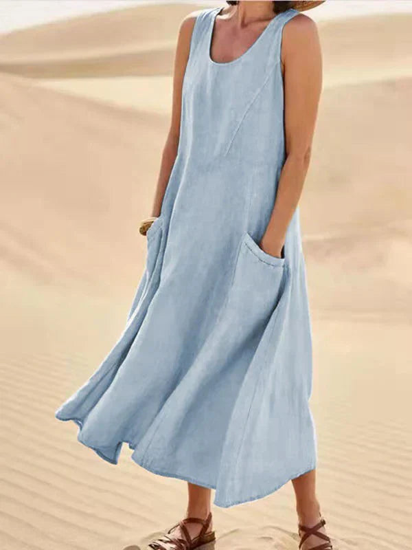 Mira | Soft Linen Maxikleid mit Taschen | Luftiges ärmelloses Sommerkleid aus Leinen für Damen