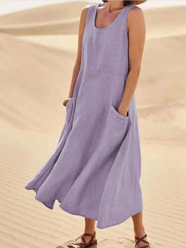 Mira | Soft Linen Maxikleid mit Taschen | Luftiges ärmelloses Sommerkleid aus Leinen für Damen