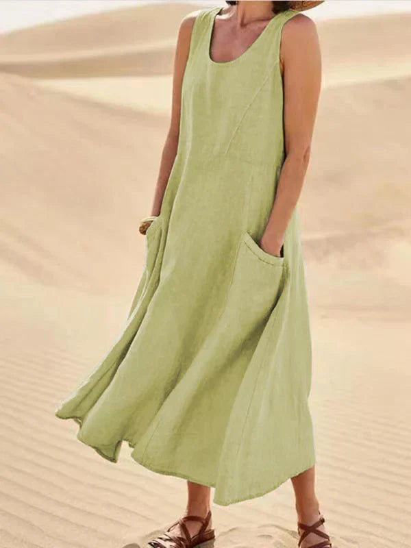 Mira | Soft Linen Maxikleid mit Taschen | Luftiges ärmelloses Sommerkleid aus Leinen für Damen