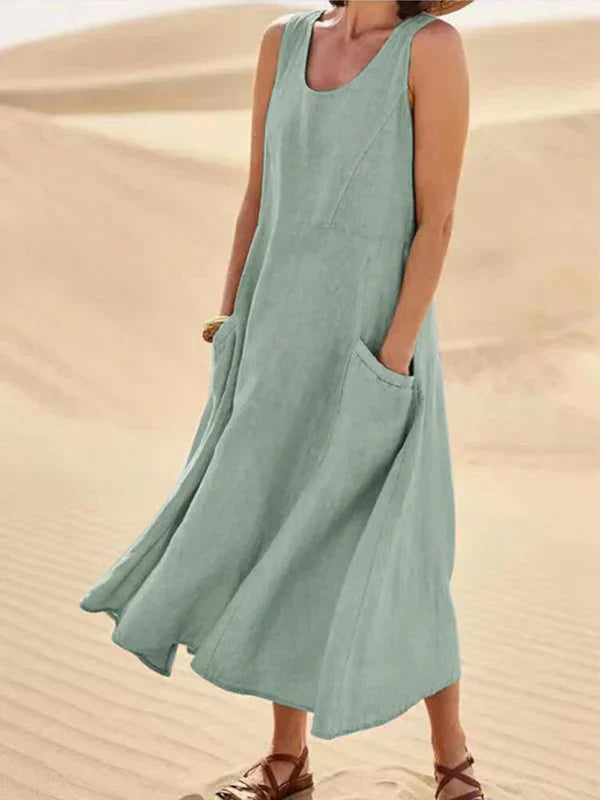 Mira | Soft Linen Maxikleid mit Taschen | Luftiges ärmelloses Sommerkleid aus Leinen für Damen