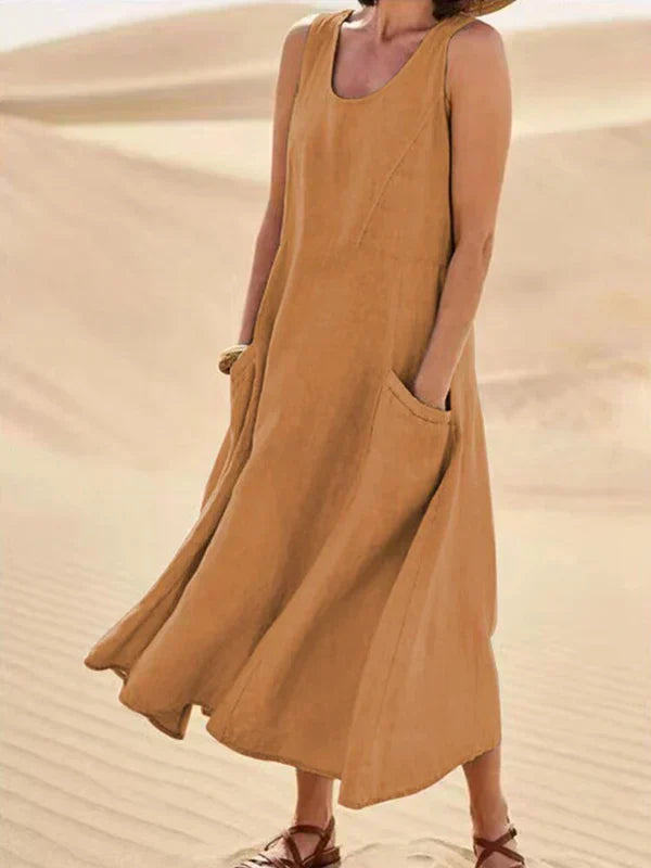 Mira | Soft Linen Maxikleid mit Taschen | Luftiges ärmelloses Sommerkleid aus Leinen für Damen