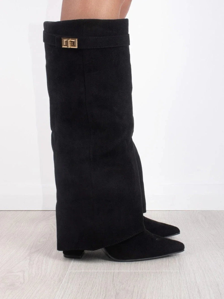 Damen Faltstiefel Schlank mit goldfarbenem Verschlussdetail